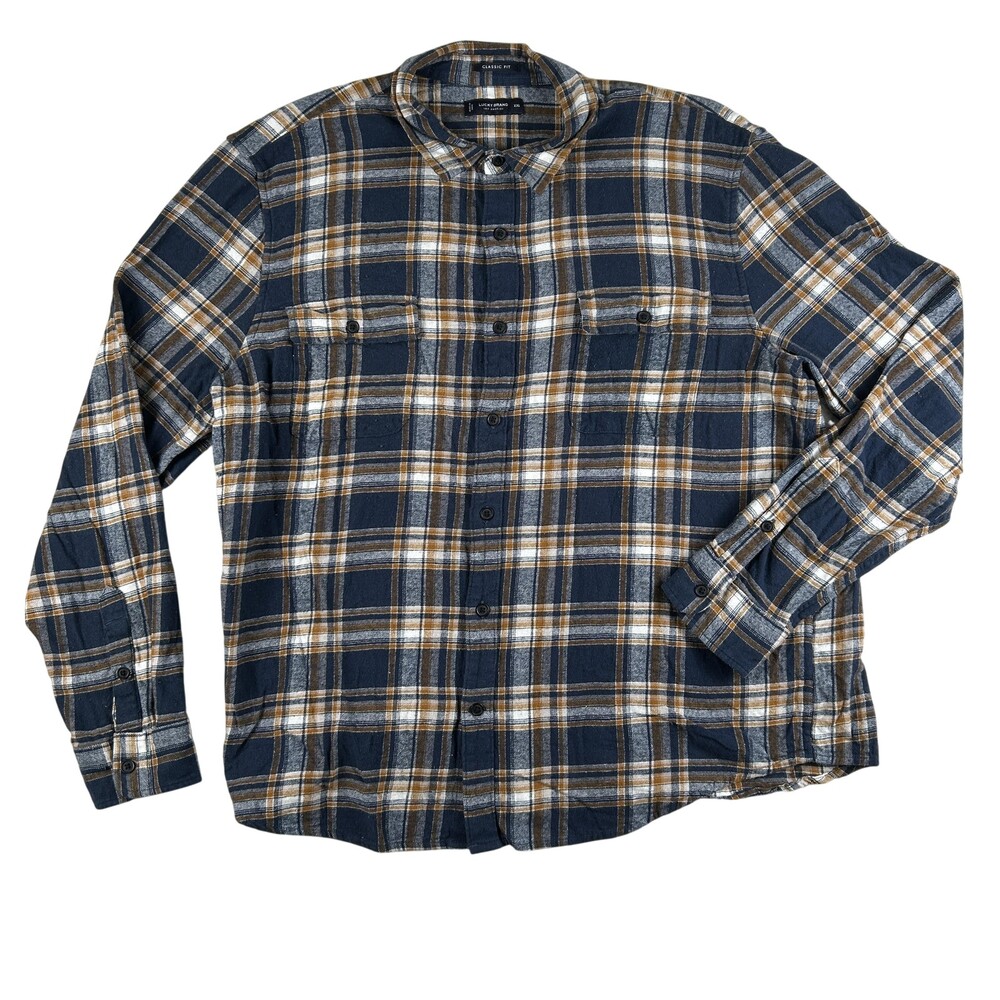 Lucky Brand Shirt Mens 2XL Blue Plaid Flannel Long Sleeve Button Classic Fit